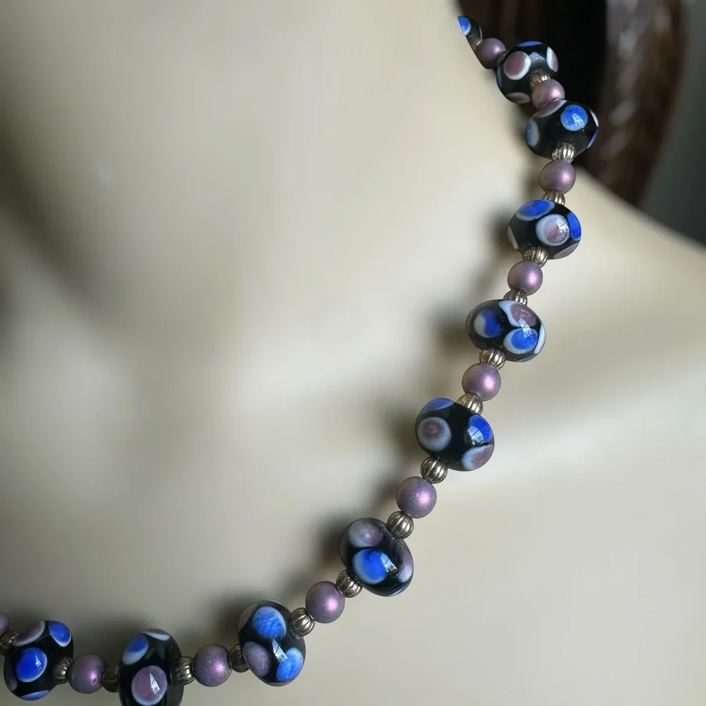 Vintage Artisan Beaded Necklace 18 Inch Match Earrings Set Lampwork‎ Art Glass